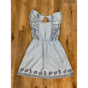 Old Navy Boho Flutter Sleeve Chambray Dress Women L Tall Light Blue Embroidered